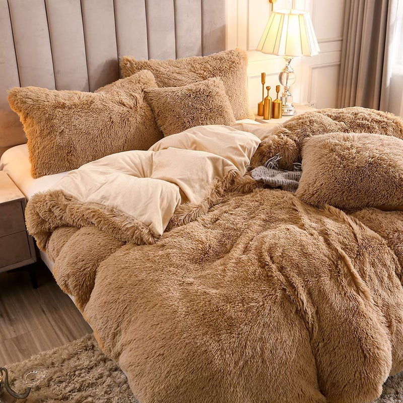 Uhamho Faux Fur Velvet Fluffy Bedding Duvet Cover Set Down Comforter Quilt Cover with Pillow Shams, Ultra Soft Warm (Queen, Camel) - Image 3